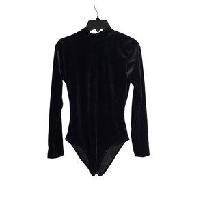 Vintage 90's Women's Black Velvet Long Sleeve Bodysuit with Cutout Back M